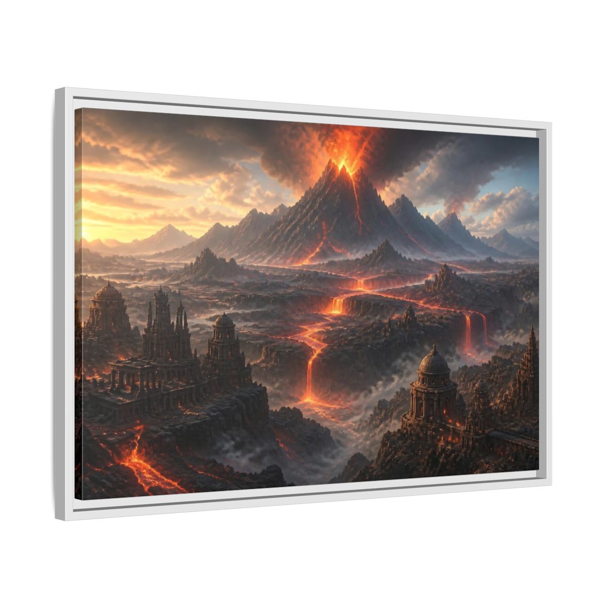 Side Mockup 10. Erupting Volcano Landscape shown as framed canvas print