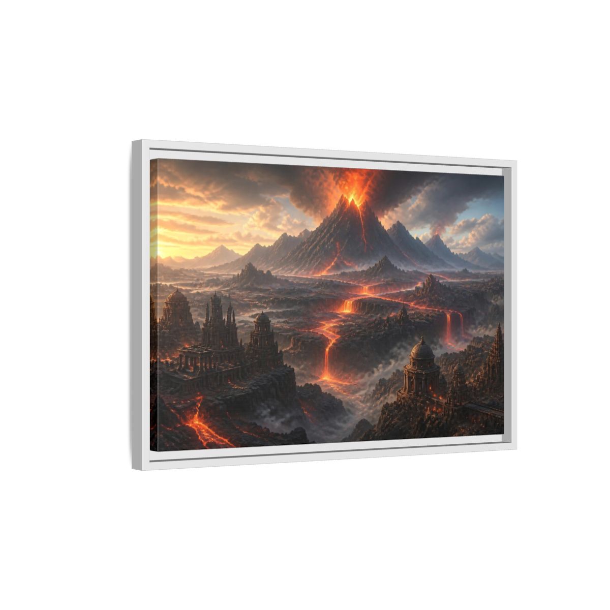 Side Mockup 1. Erupting Volcano Landscape shown as framed canvas print