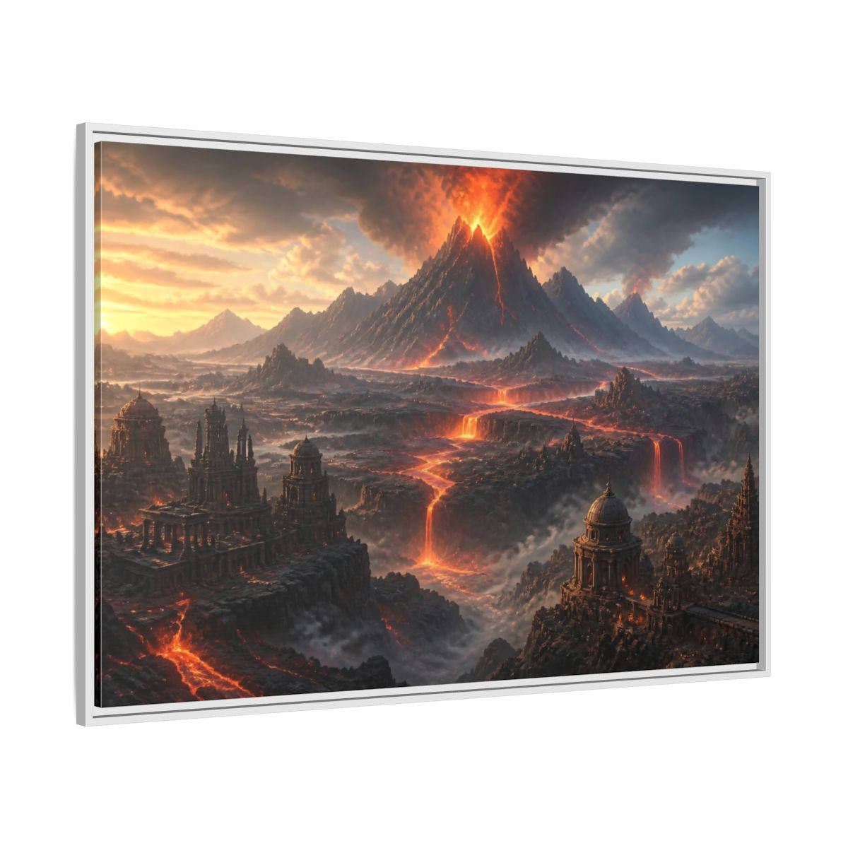 Side Mockup 7. Erupting Volcano Landscape shown as framed canvas print