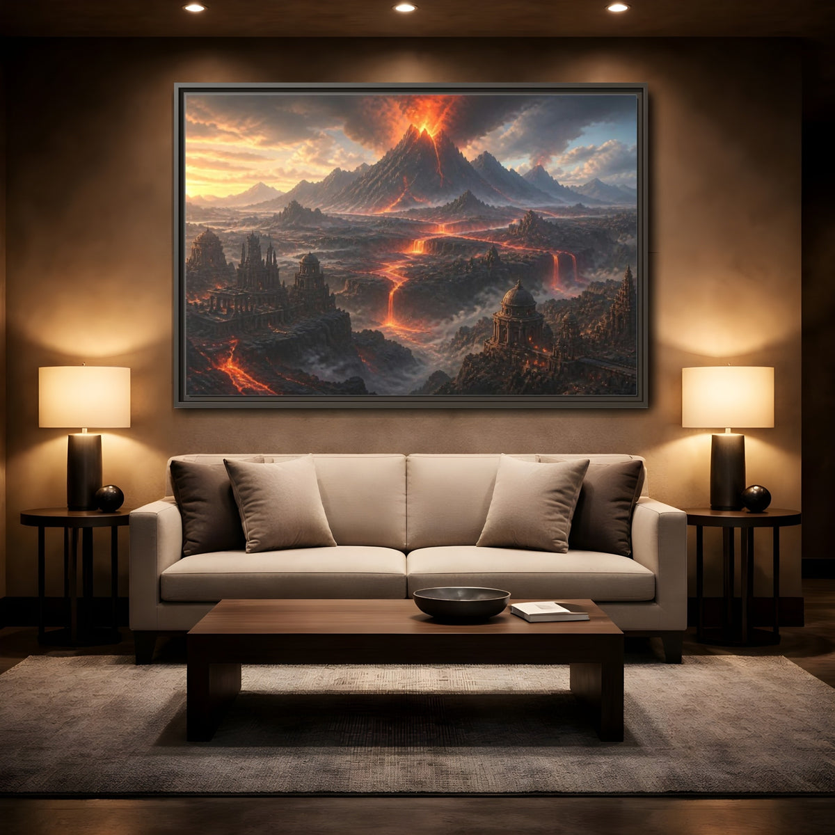 Mockup 2. Erupting Volcano Landscape shown as framed canvas print