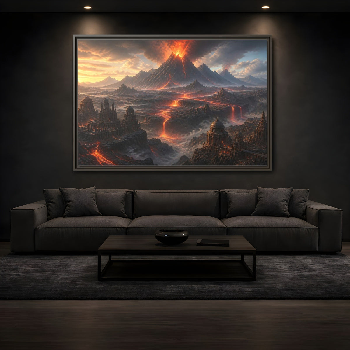 Mockup 3. Erupting Volcano Landscape shown as framed canvas print