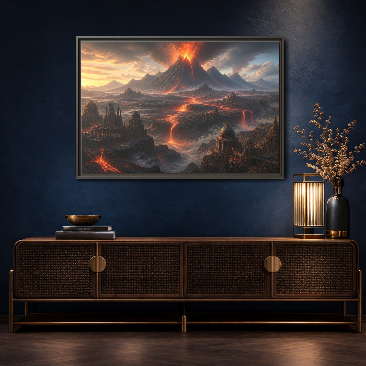 Mockup 4. Erupting Volcano Landscape shown as framed canvas print