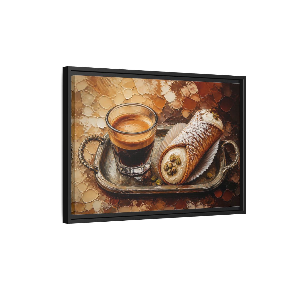Side Mockup 3. Espresso And Cannoli On Tray shown as framed canvas print