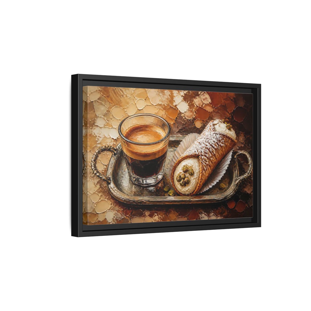 Side Mockup 6. Espresso And Cannoli On Tray shown as framed canvas print