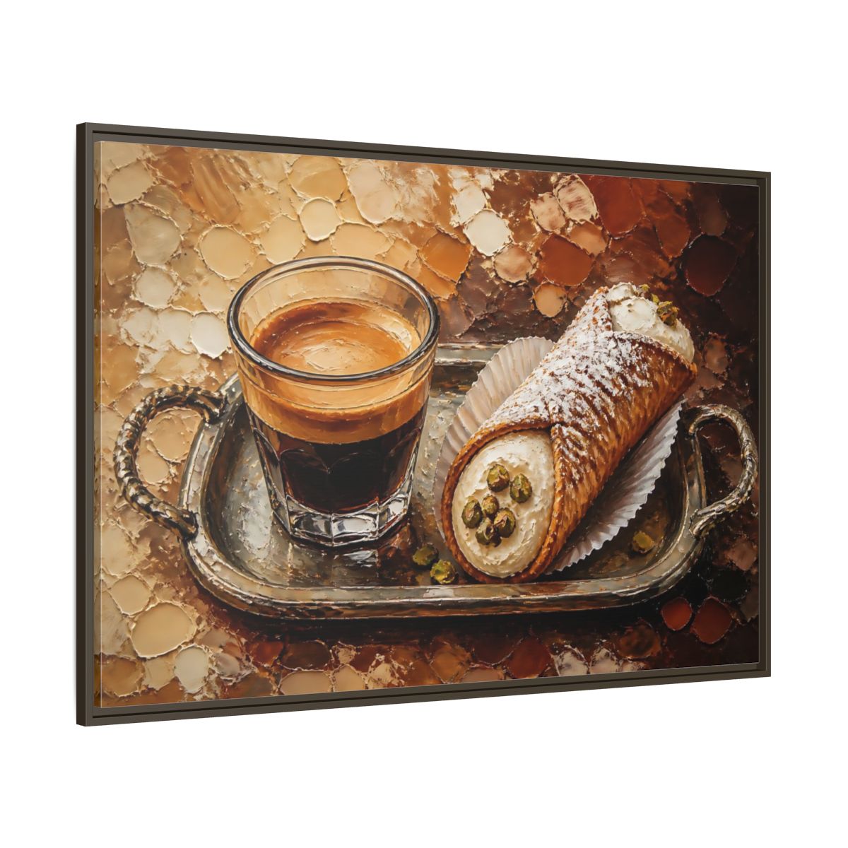 Side Mockup 8. Espresso And Cannoli On Tray shown as framed canvas print