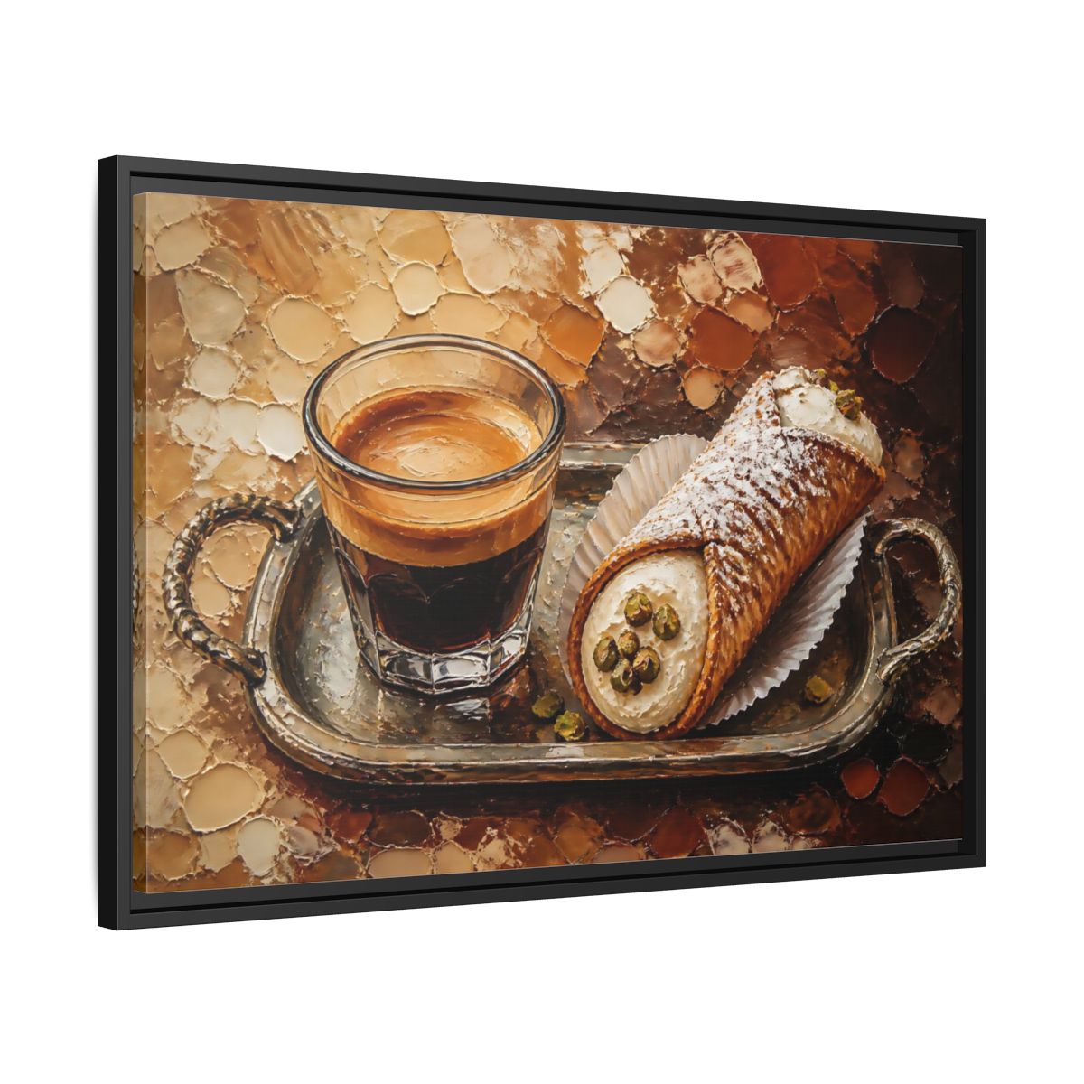 Side Mockup 14. Espresso And Cannoli On Tray shown as framed canvas print
