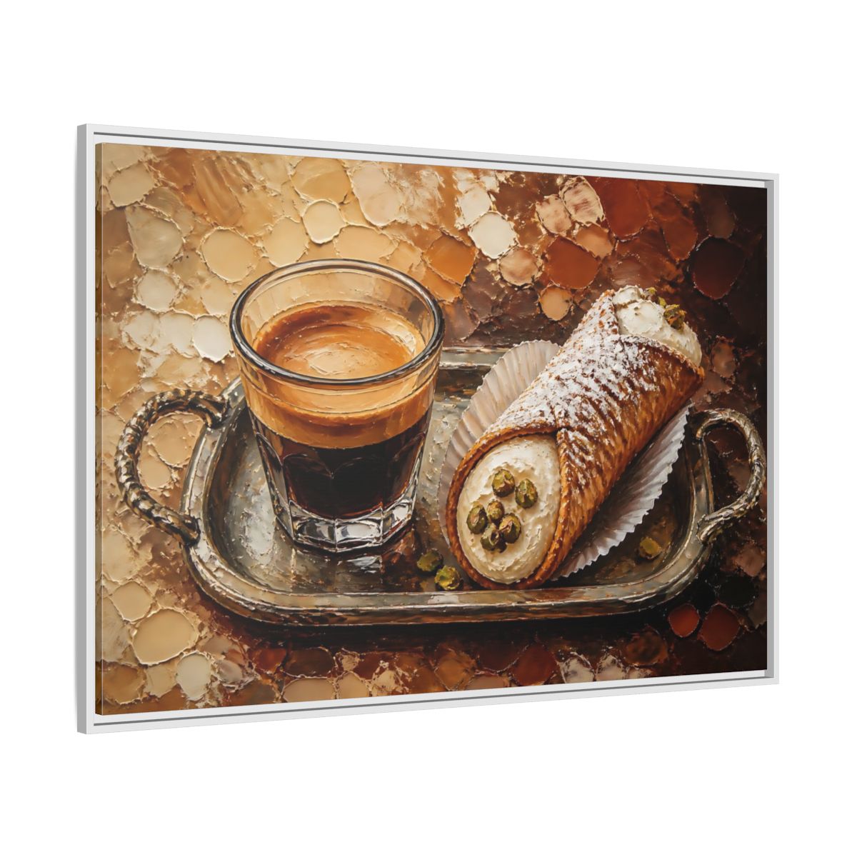 Side Mockup 7. Espresso And Cannoli On Tray shown as framed canvas print