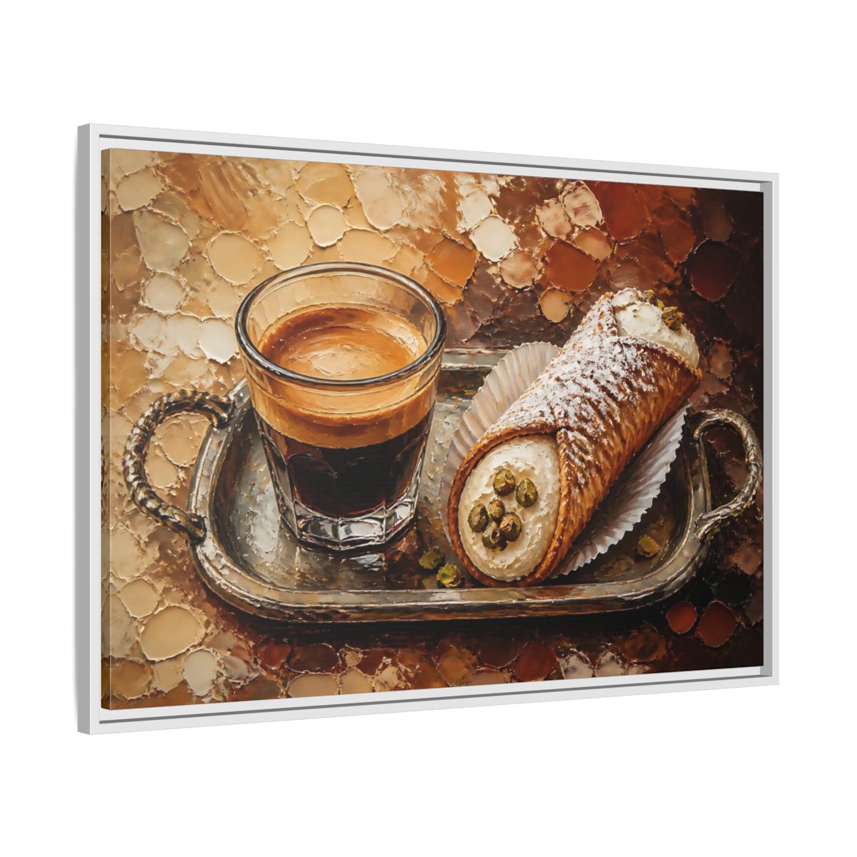 Side Mockup 9. Espresso And Cannoli On Tray shown as framed canvas print