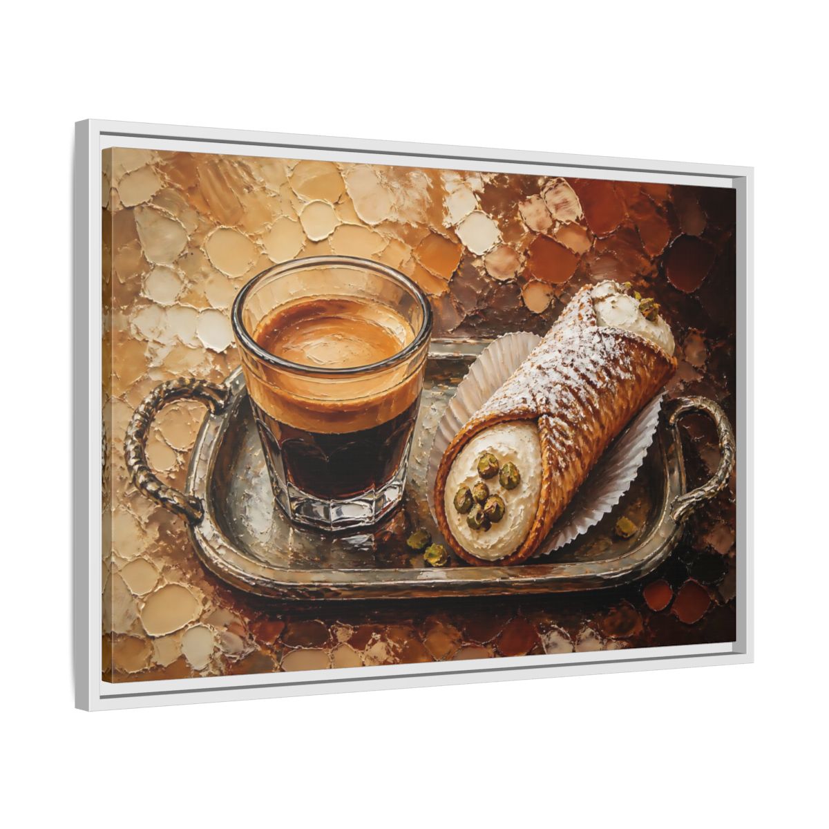 Side Mockup 10. Espresso And Cannoli On Tray shown as framed canvas print