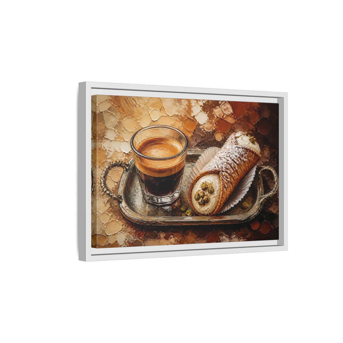 Side Mockup 4. Espresso And Cannoli On Tray shown as framed canvas print