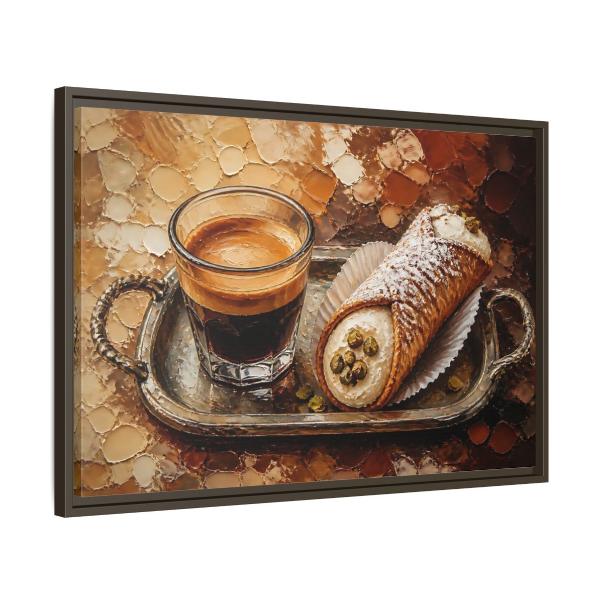 Side Mockup 11. Espresso And Cannoli On Tray shown as framed canvas print