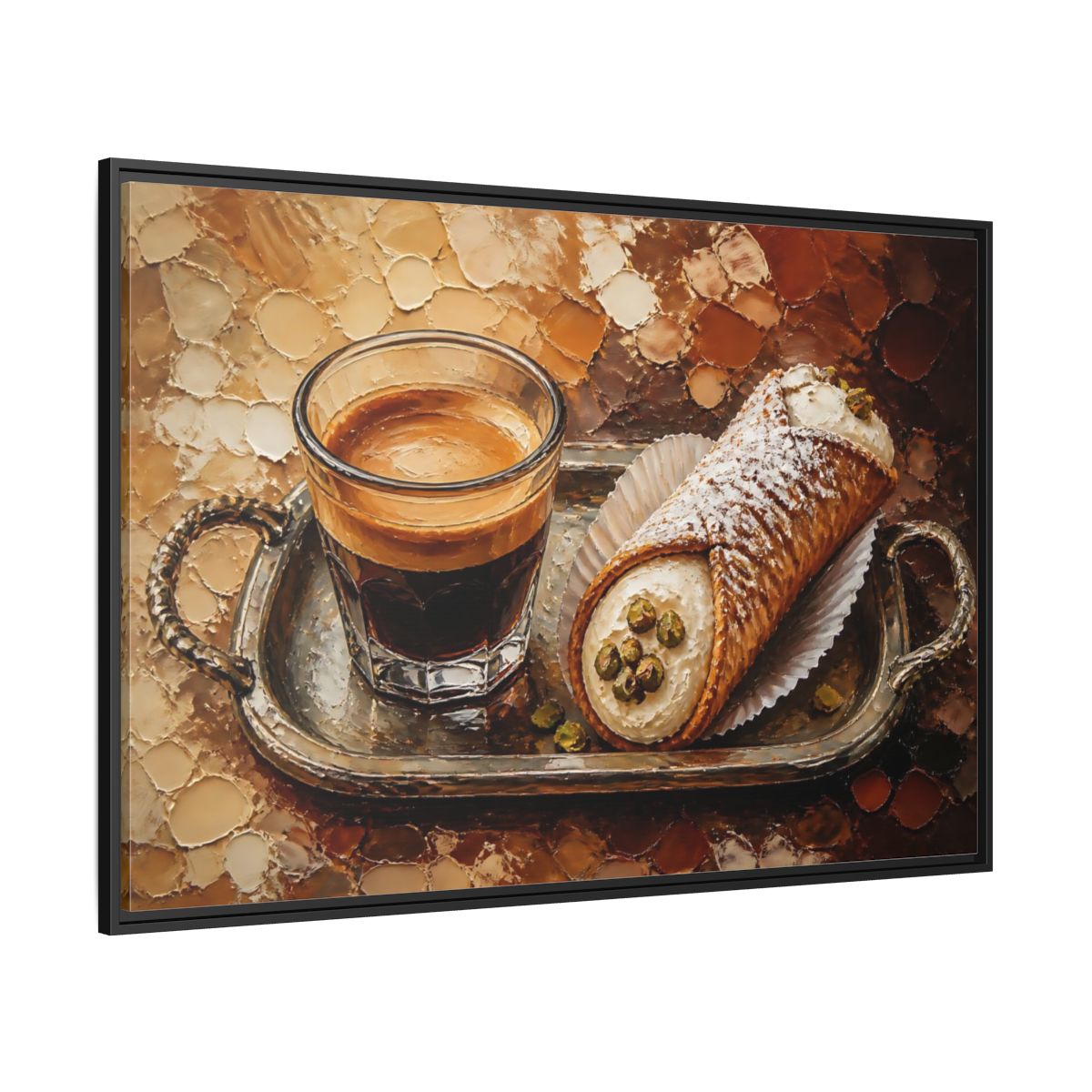 Side Mockup 12. Espresso And Cannoli On Tray shown as framed canvas print
