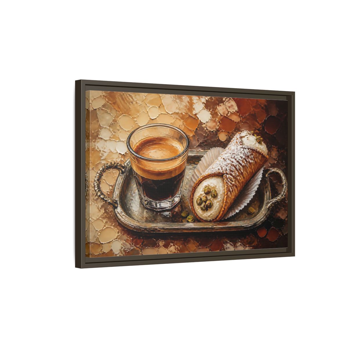 Side Mockup 2. Espresso And Cannoli On Tray shown as framed canvas print