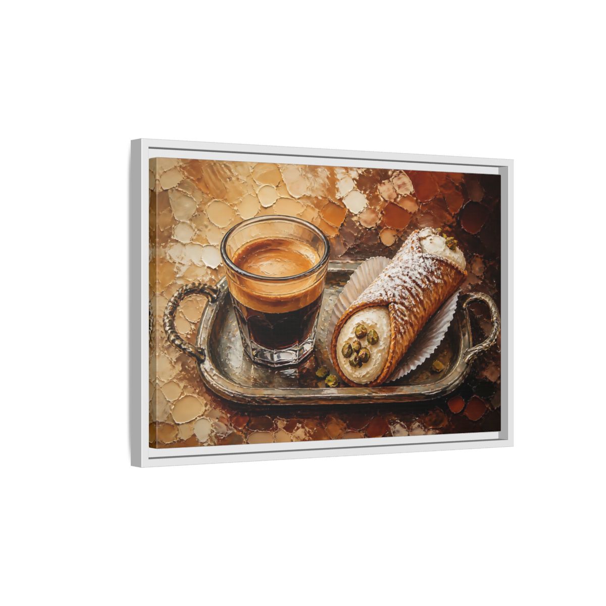 Side Mockup 1. Espresso And Cannoli On Tray shown as framed canvas print