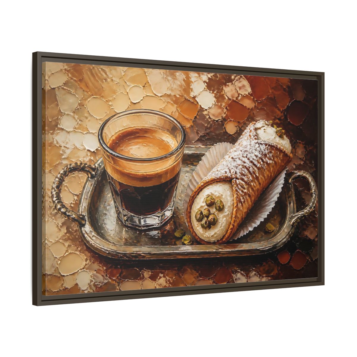 Main Mockup. Espresso And Cannoli On Tray shown as framed canvas print