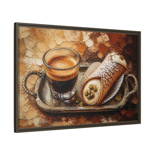 Main Mockup. Espresso And Cannoli On Tray shown as framed canvas print