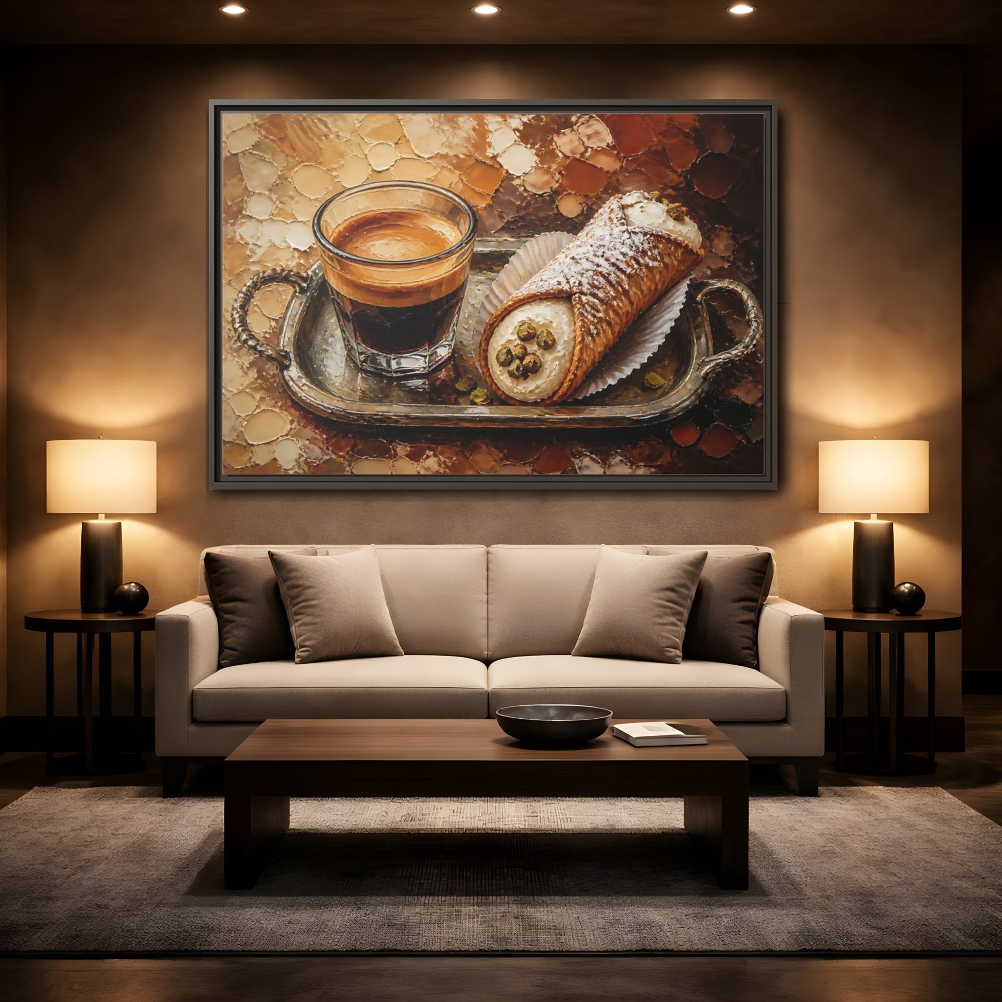 Mockup 2. Espresso And Cannoli On Tray shown as framed canvas print