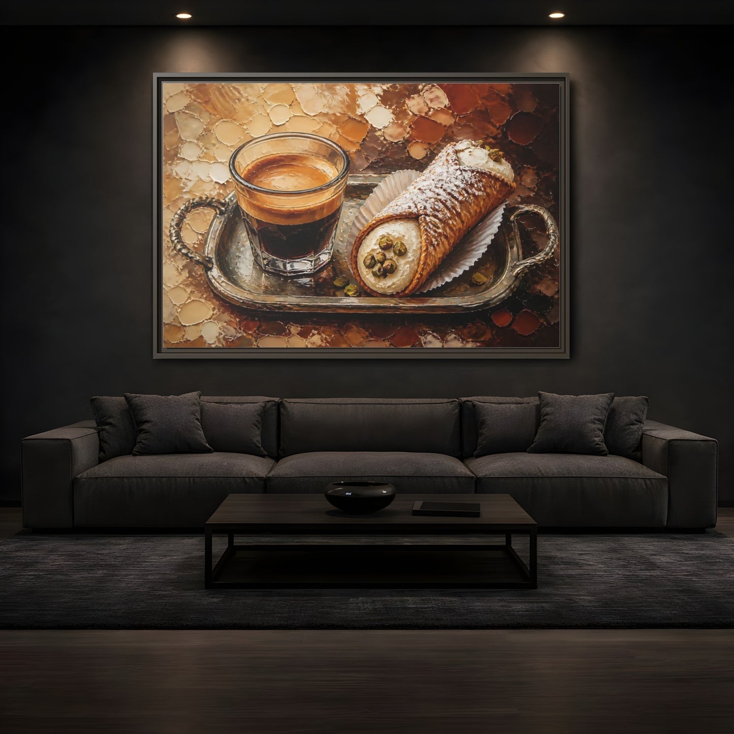 Mockup 3. Espresso And Cannoli On Tray shown as framed canvas print