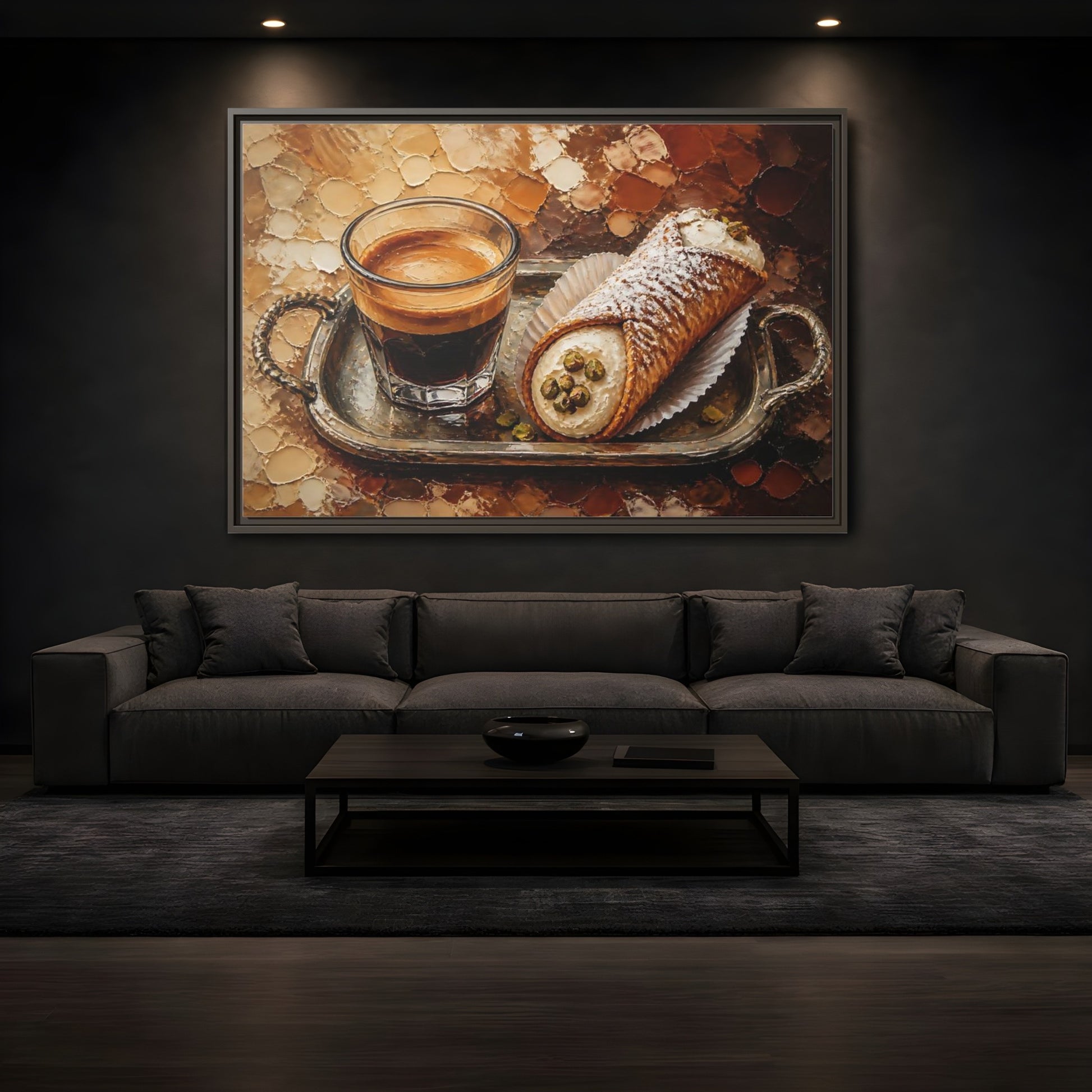 Mockup 3. Espresso And Cannoli On Tray shown as framed canvas print