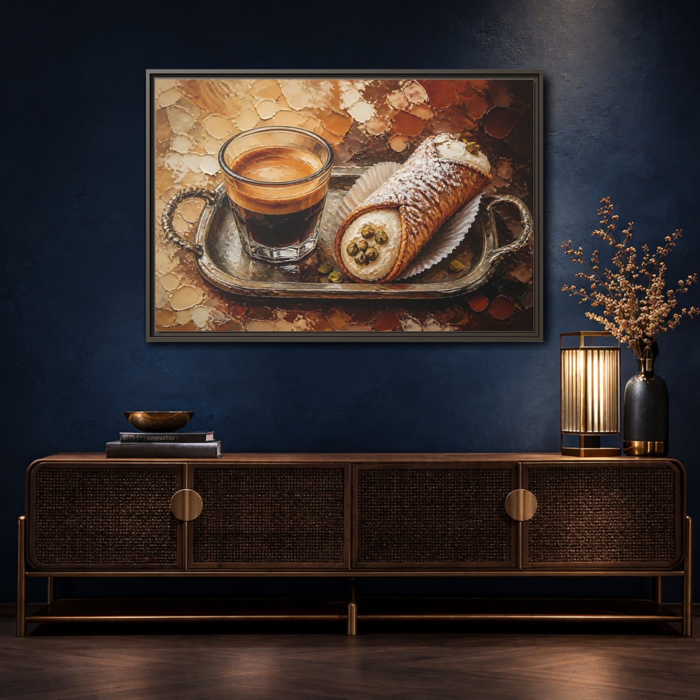 Mockup 4. Espresso And Cannoli On Tray shown as framed canvas print