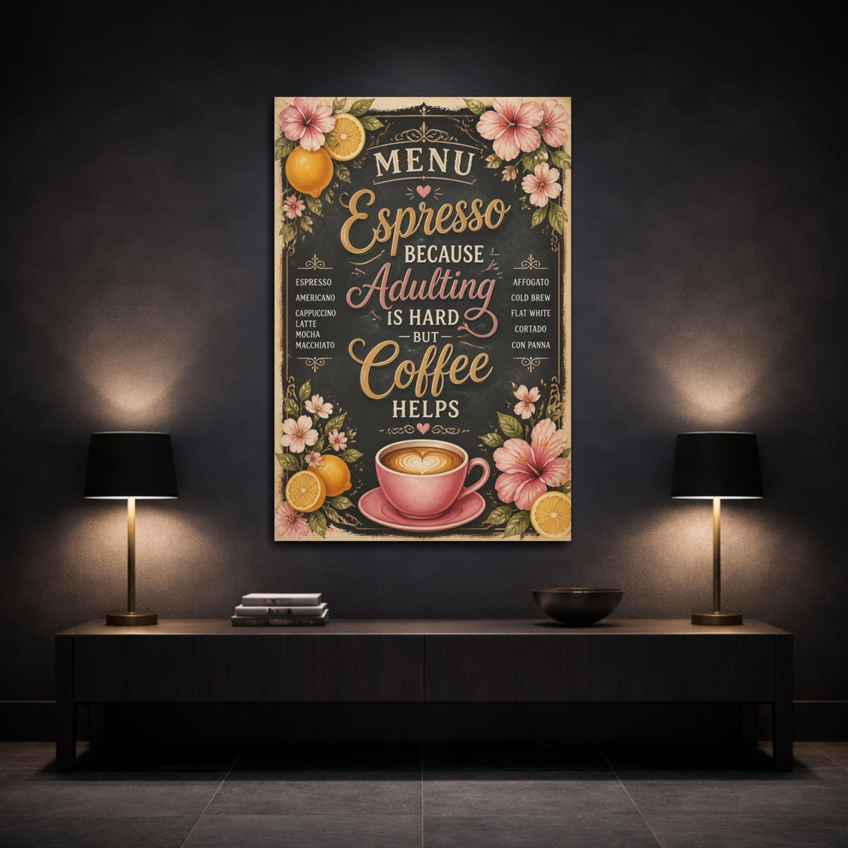Mockup 3. Espresso Coffee Quote shown as canvas print