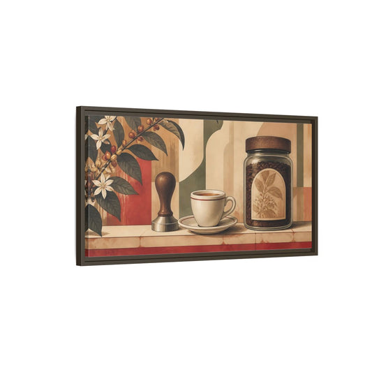 Main Mockup. Espresso Cup & Beans shown as framed canvas print