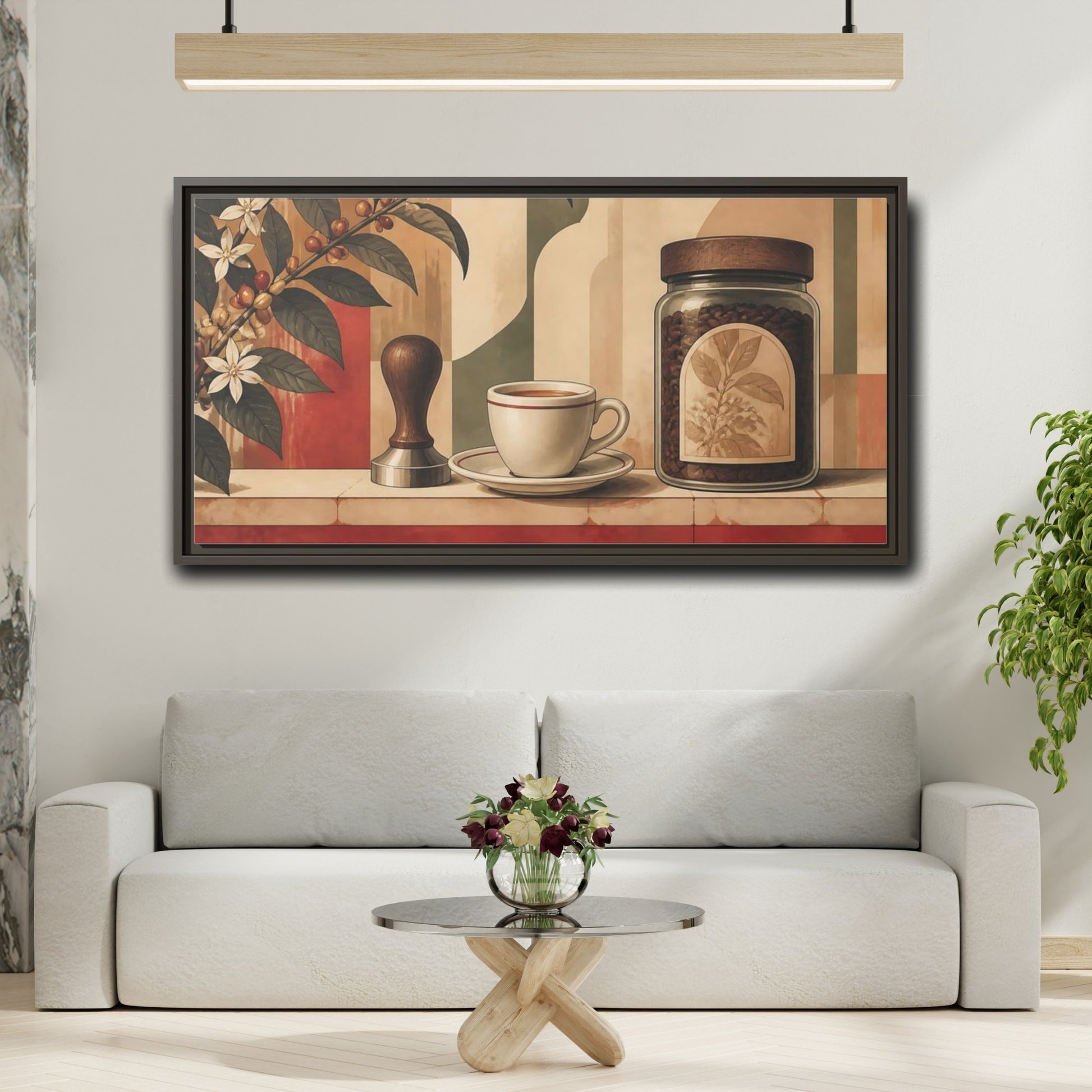 Mockup 2. Espresso Cup & Beans shown as framed canvas print