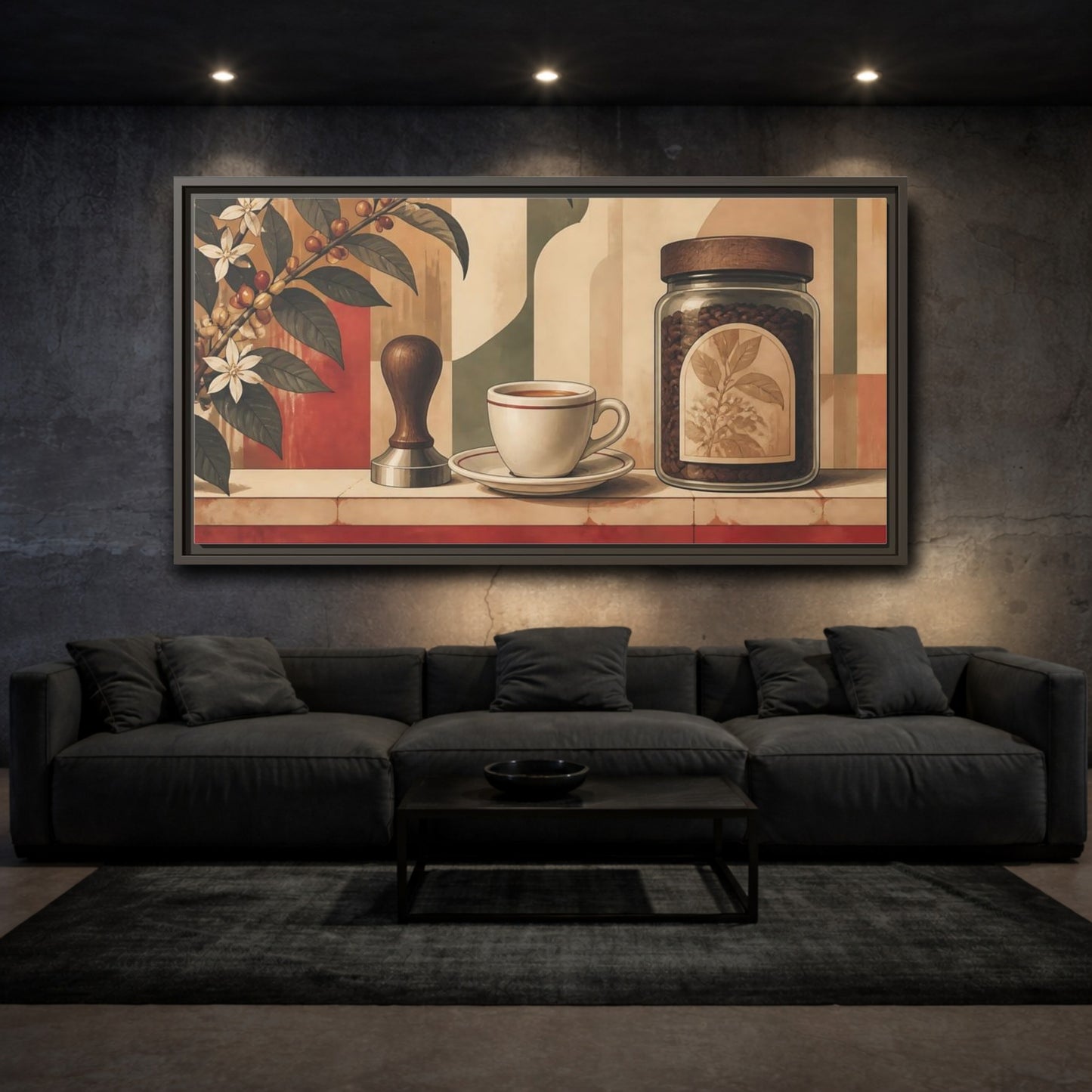 Mockup 3. Espresso Cup & Beans shown as framed canvas print