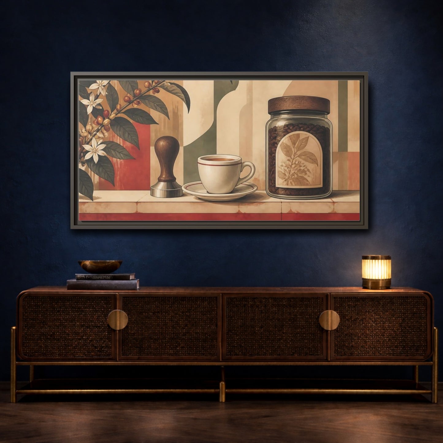 Mockup 4. Espresso Cup & Beans shown as framed canvas print