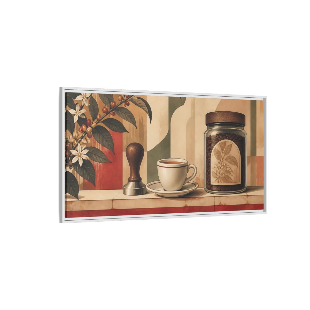Side Mockup 3. Espresso Cup & Beans shown as framed canvas print