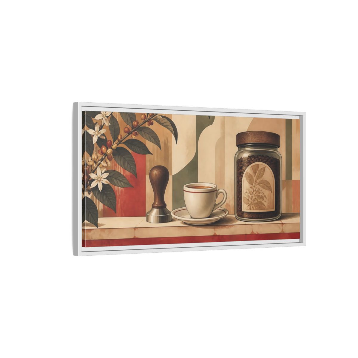 Side Mockup 1. Espresso Cup & Beans shown as framed canvas print