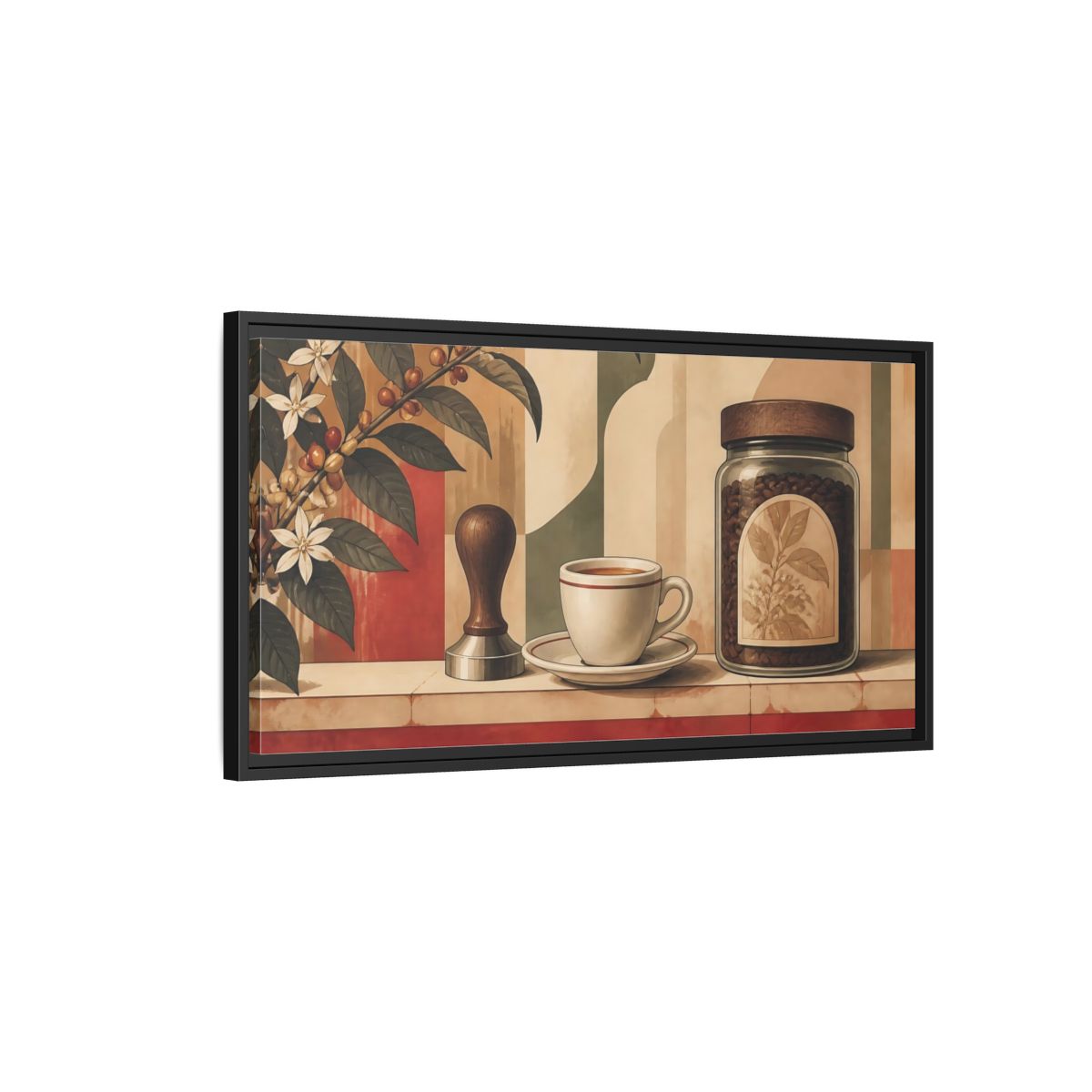 Side Mockup 2. Espresso Cup & Beans shown as framed canvas print