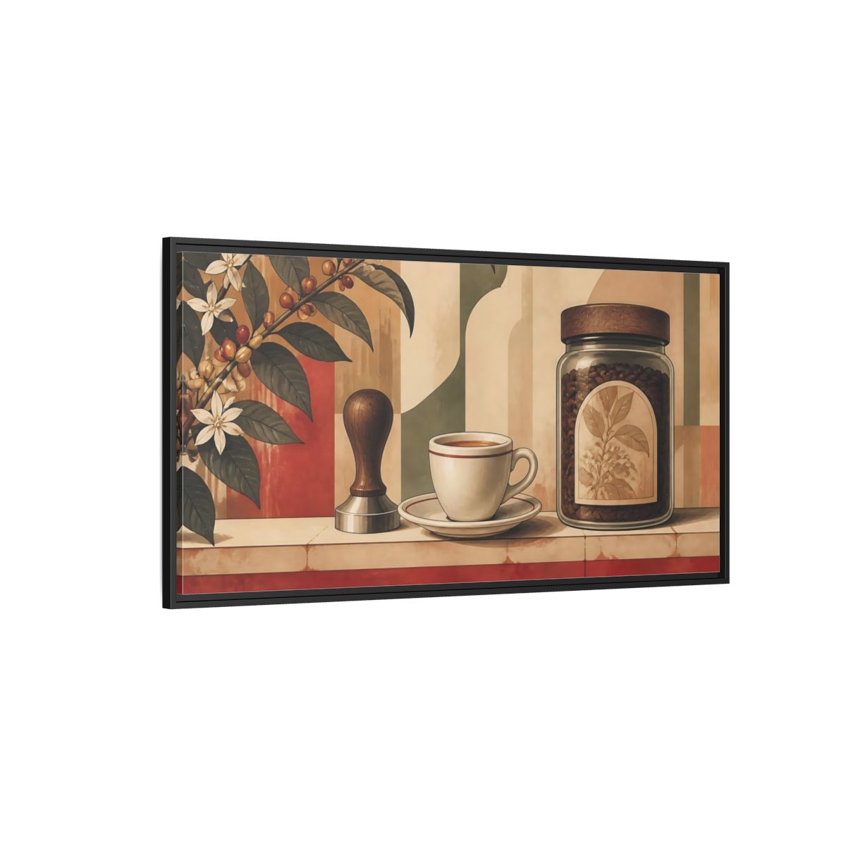 Side Mockup 5. Espresso Cup & Beans shown as framed canvas print