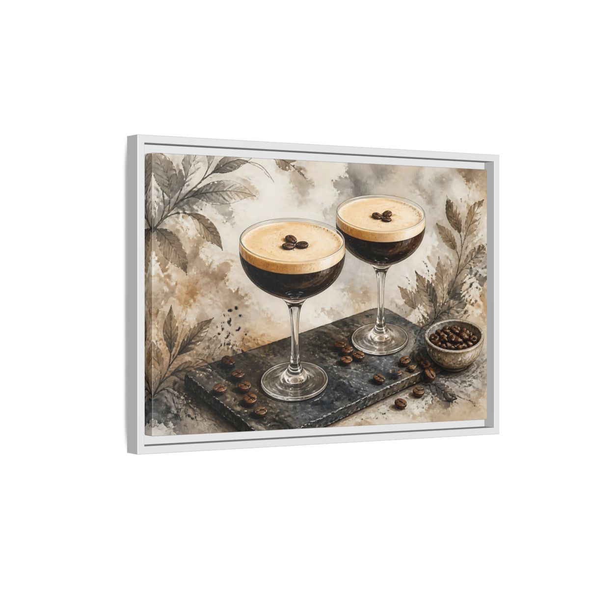 Side Mockup 1. Espresso Martini Pair shown as framed canvas print
