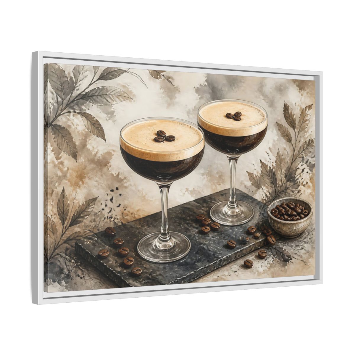 Side Mockup 10. Espresso Martini Pair shown as framed canvas print