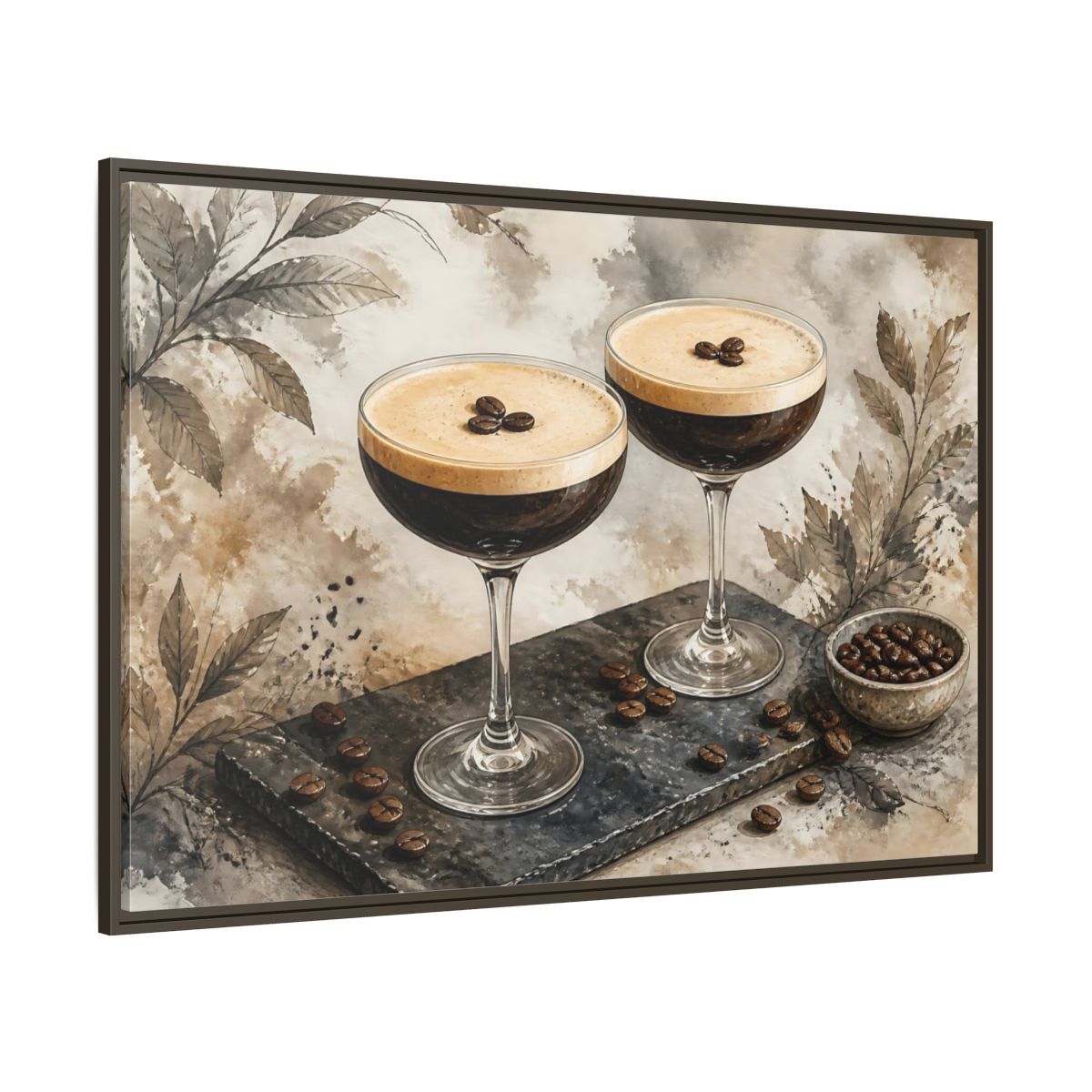 Side Mockup 8. Espresso Martini Pair shown as framed canvas print