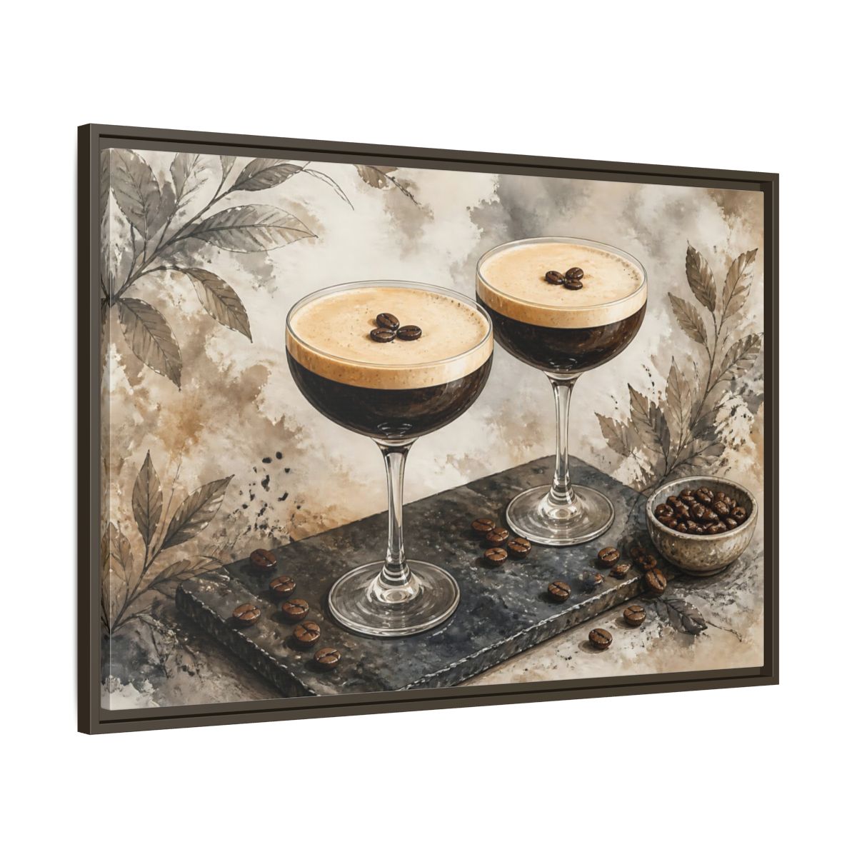 Main Mockup. Espresso Martini Pair shown as framed canvas print