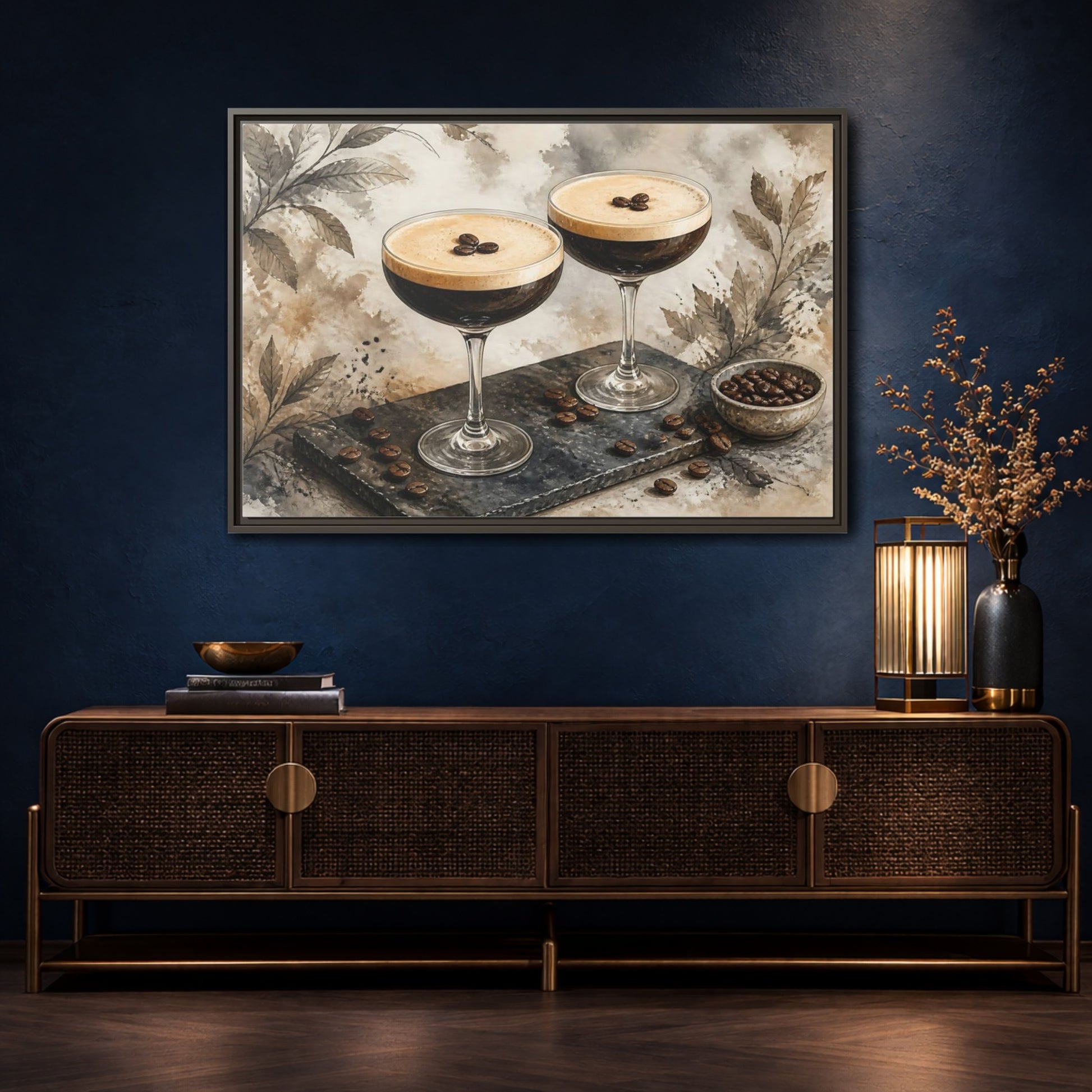 Mockup 4. Espresso Martini Pair shown as framed canvas print