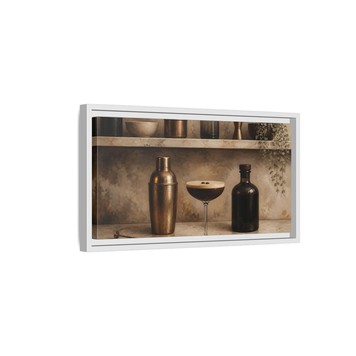 Side Mockup 6. Espresso Martini Still Life shown as framed canvas print
