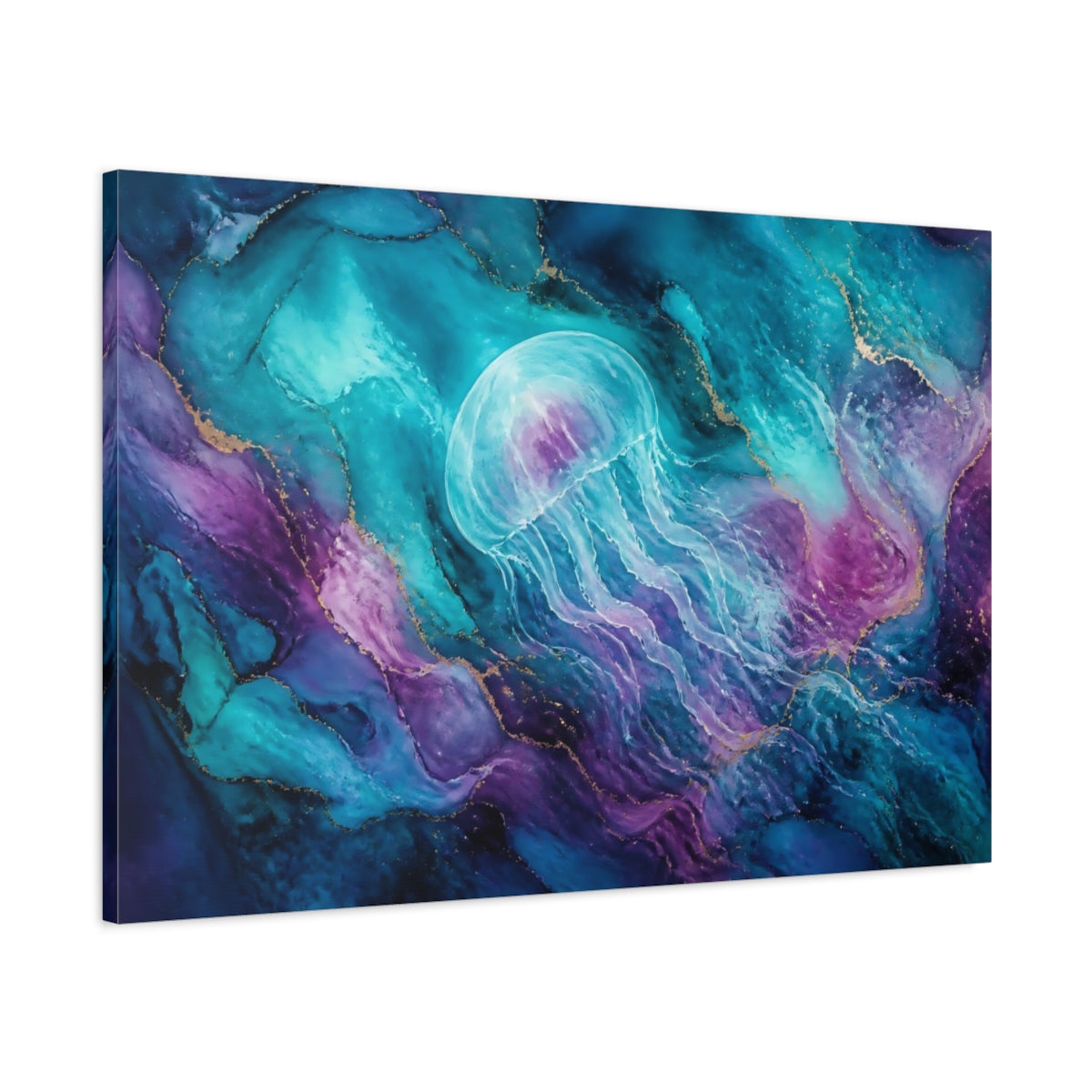 Main Mockup. Ethereal Teal Jellyfish shown as canvas print