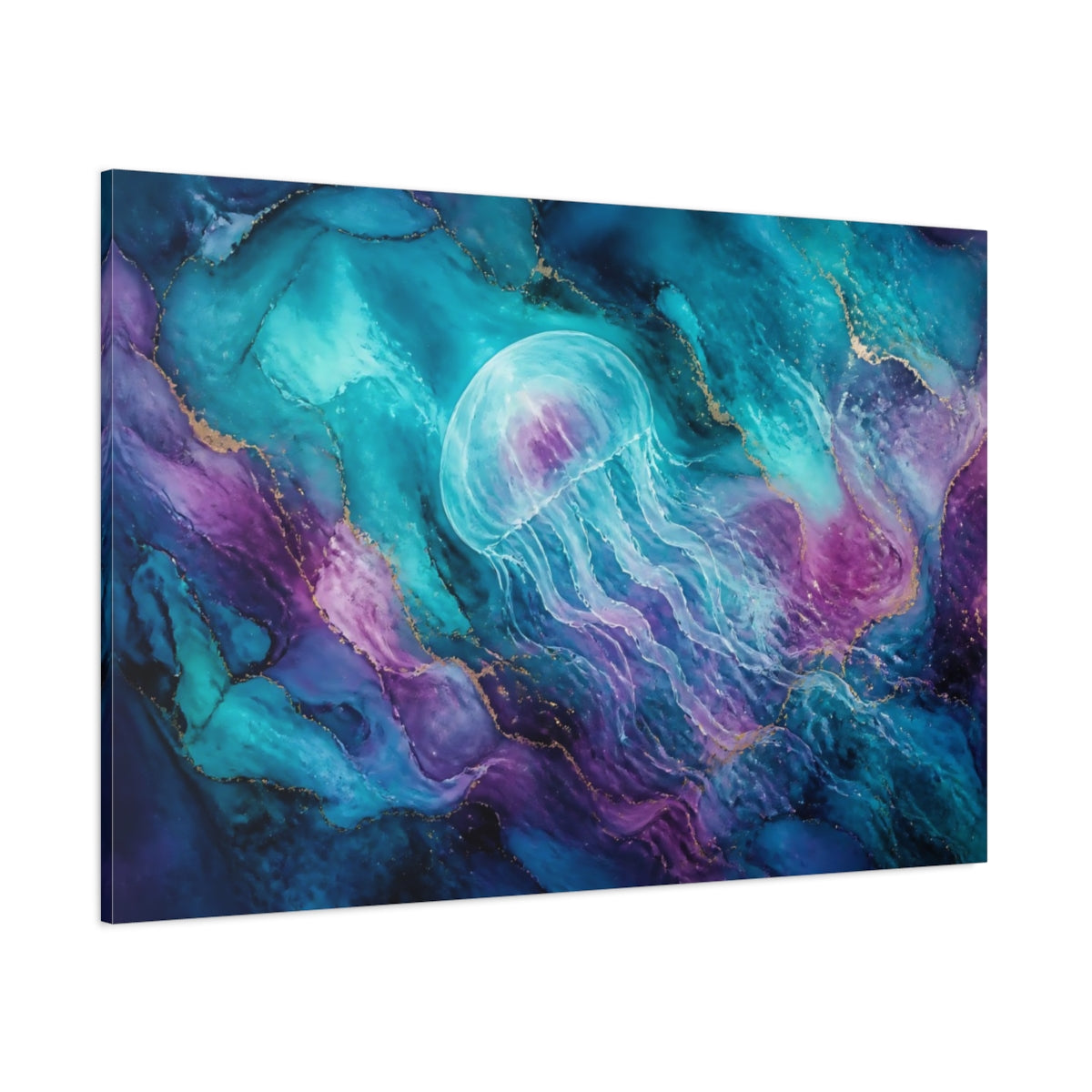 Side Mockup 1. Ethereal Teal Jellyfish shown as canvas print