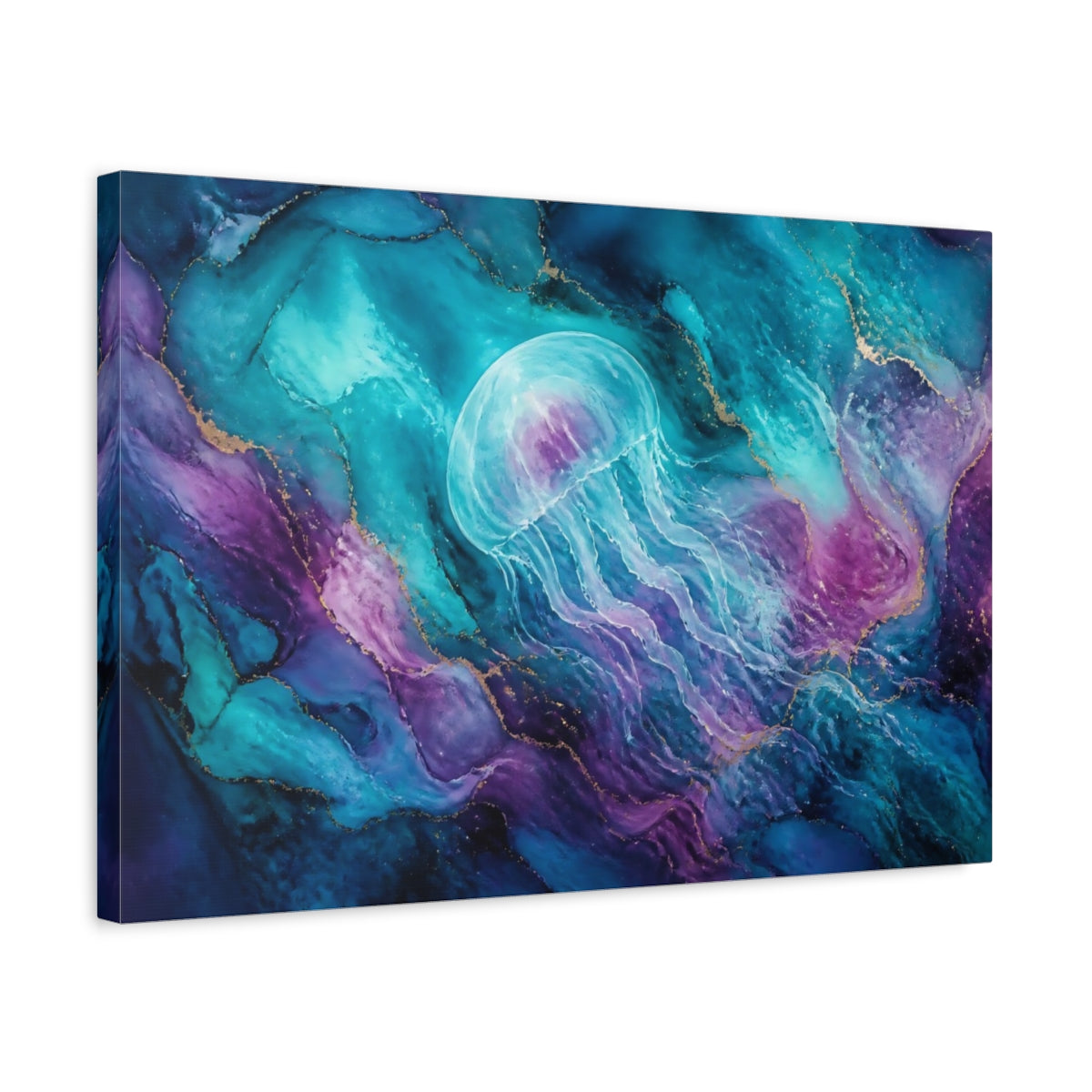 Side Mockup 3. Ethereal Teal Jellyfish shown as canvas print