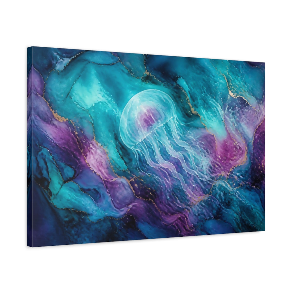 Side Mockup 2. Ethereal Teal Jellyfish shown as canvas print