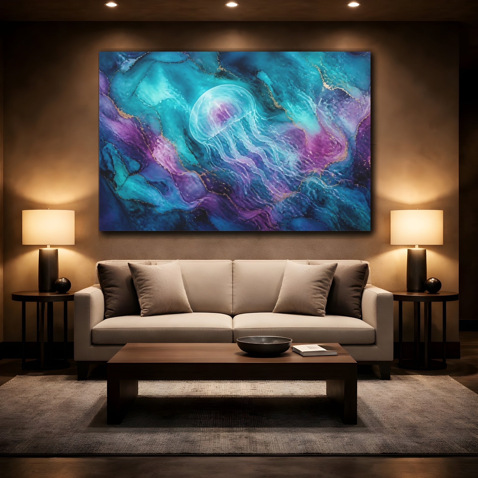 Mockup 2. Ethereal Teal Jellyfish shown as canvas print