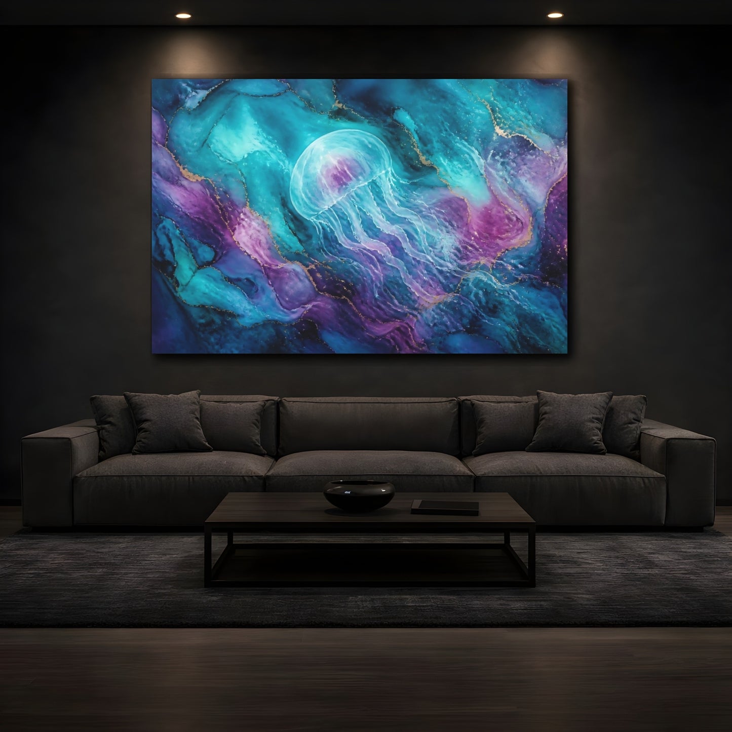 Mockup 3. Ethereal Teal Jellyfish shown as canvas print