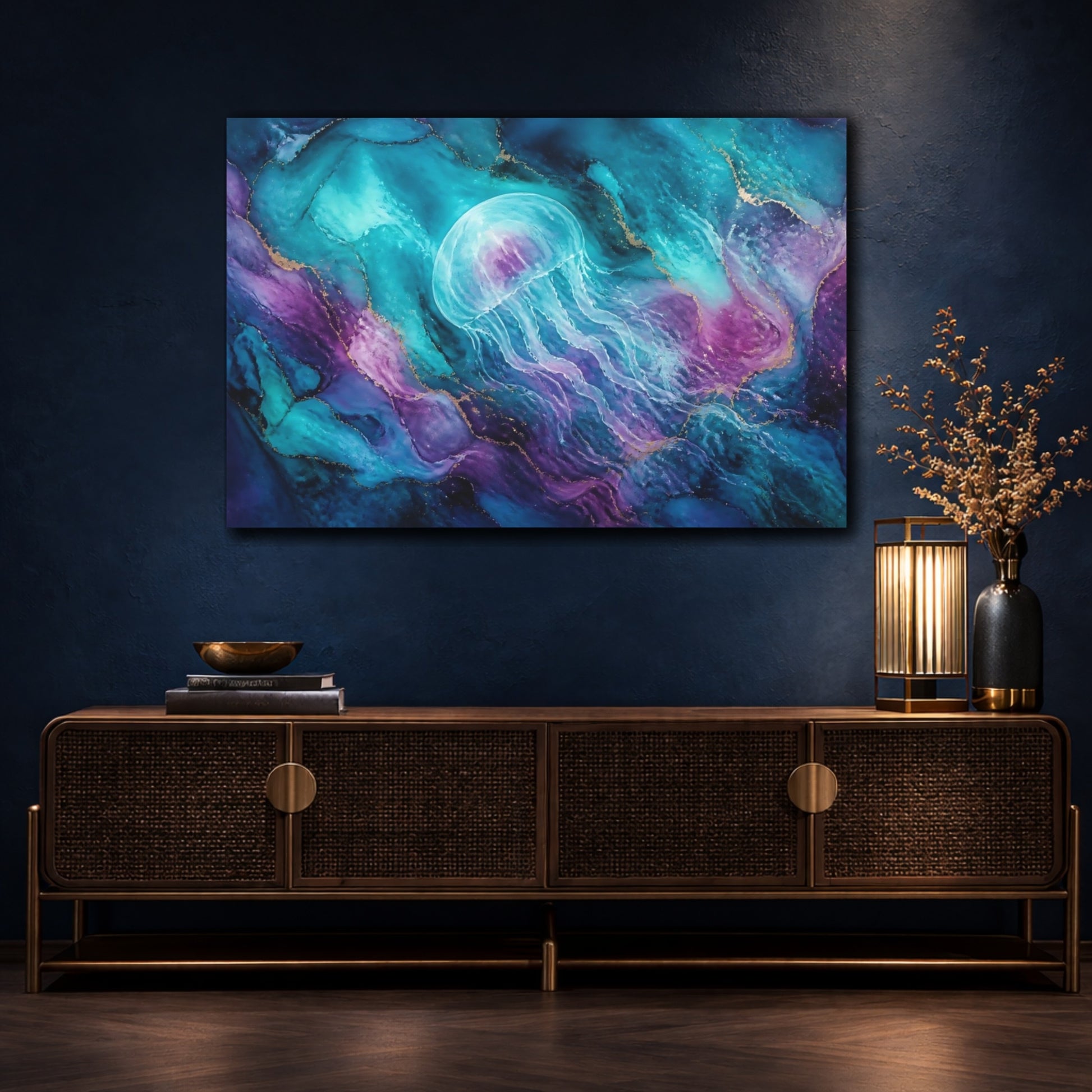 Mockup 4. Ethereal Teal Jellyfish shown as canvas print