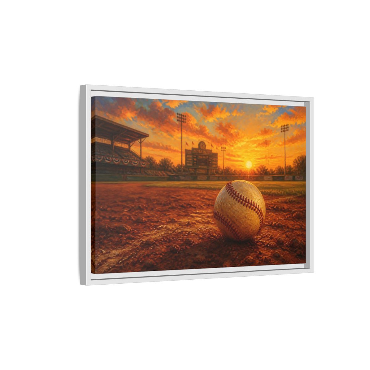 Side Mockup 1. Evening At The Ballpark shown as framed canvas print