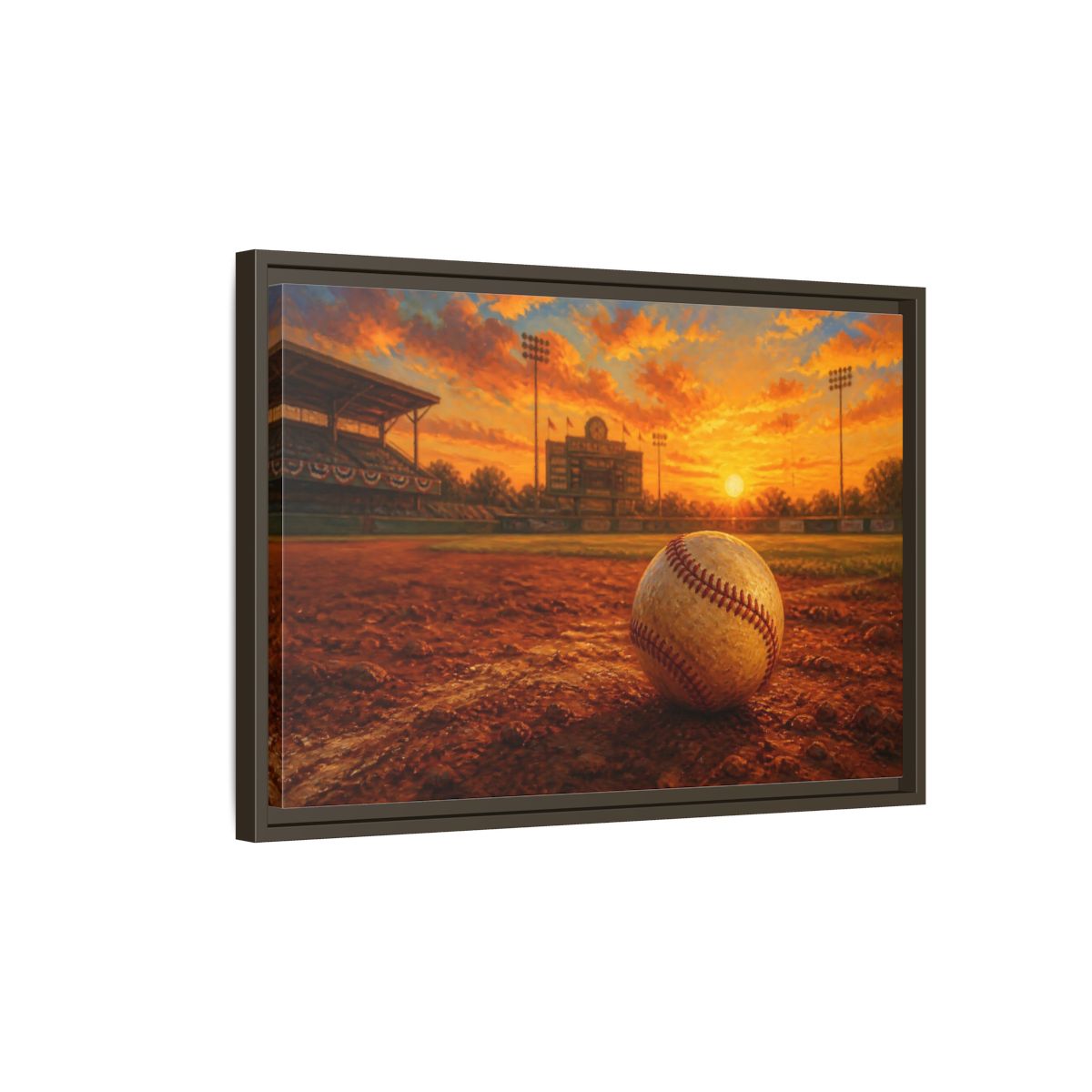 Side Mockup 2. Evening At The Ballpark shown as framed canvas print