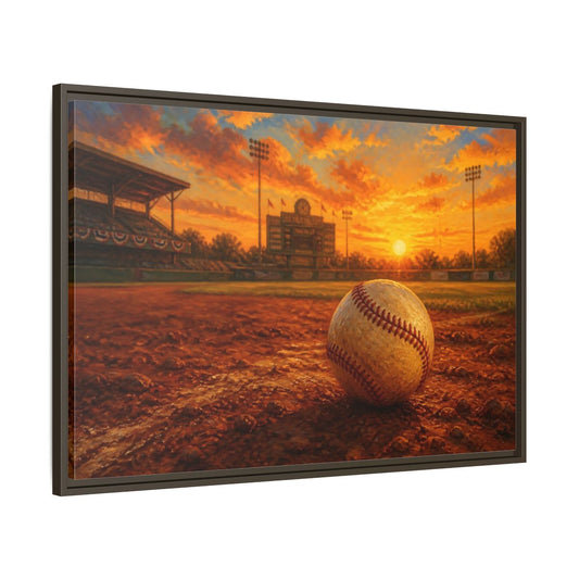 Main Mockup. Evening At The Ballpark shown as framed canvas print