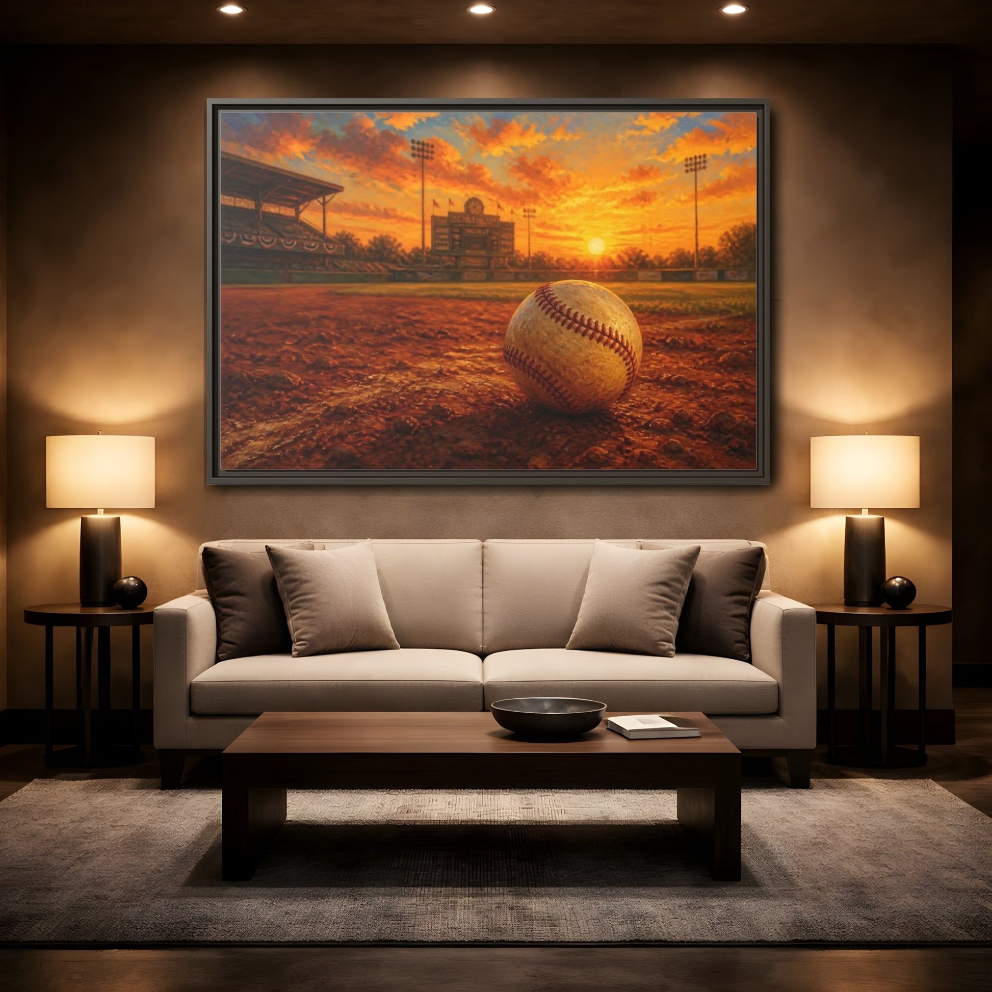 Mockup 2. Evening At The Ballpark shown as framed canvas print
